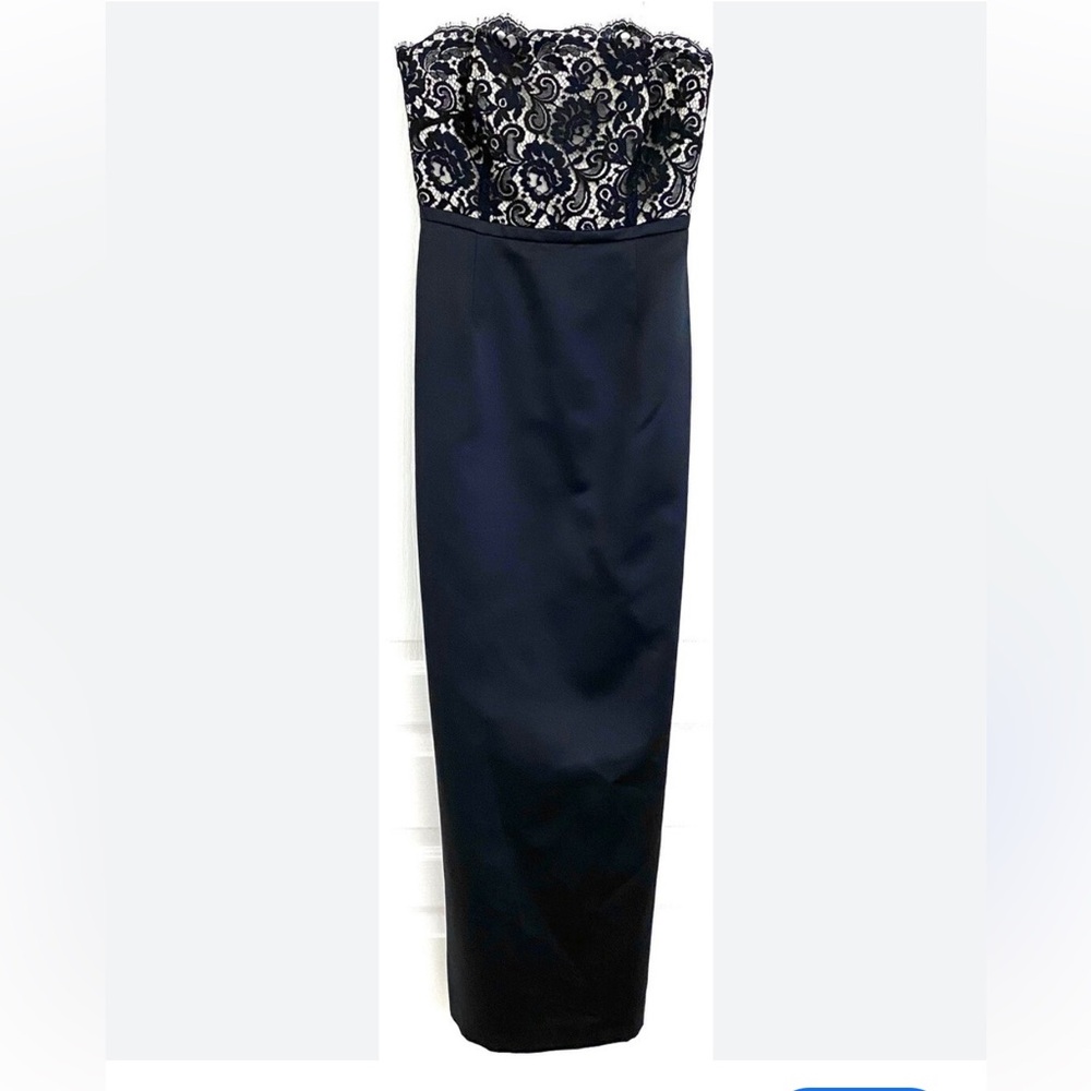 Formal satin strapless dress with nude/black lace bust